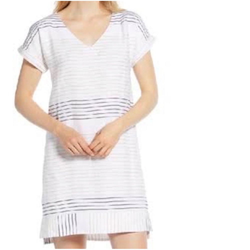 Vineyard Vines Tunic Dress Womens 6 White Striped Coastal Linen Lurex V-Neck NEW
